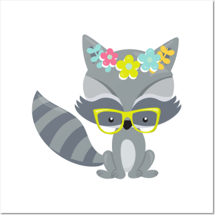 Hipster Raccoon, Raccoon With Glasses, Flowers Posters and Art